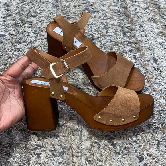 Steve Madden buena—buen01S1 brown tan wooden heeled sandal sz 9 - Picture 1 of 9